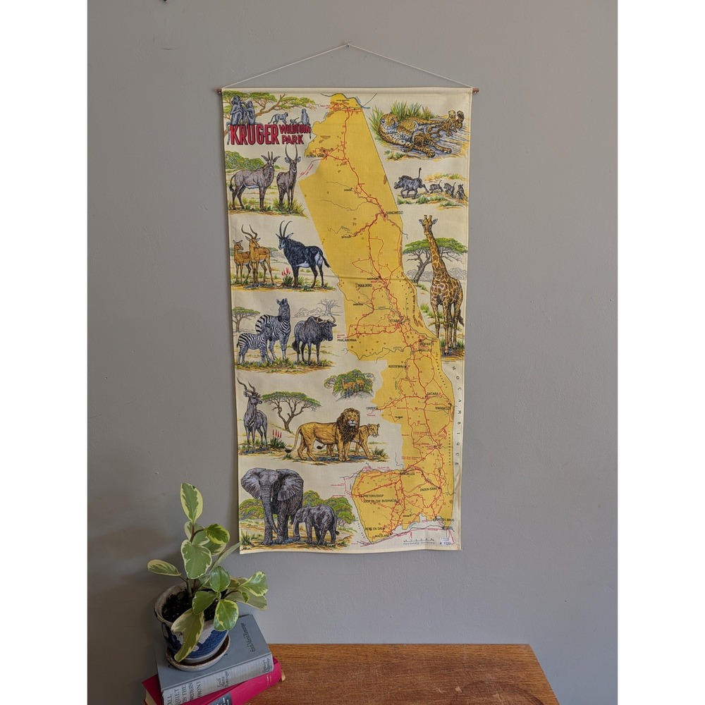 Vintage Kruger Wildtuin Park Linen Map Hans Kumpf Safari Wall Hanging 1970s